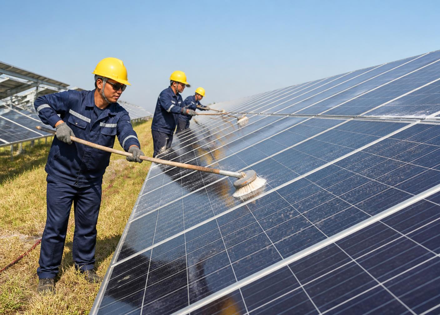 Equipe técnica realizando a limpeza de módulos fotovoltaicos em uma usina solar
